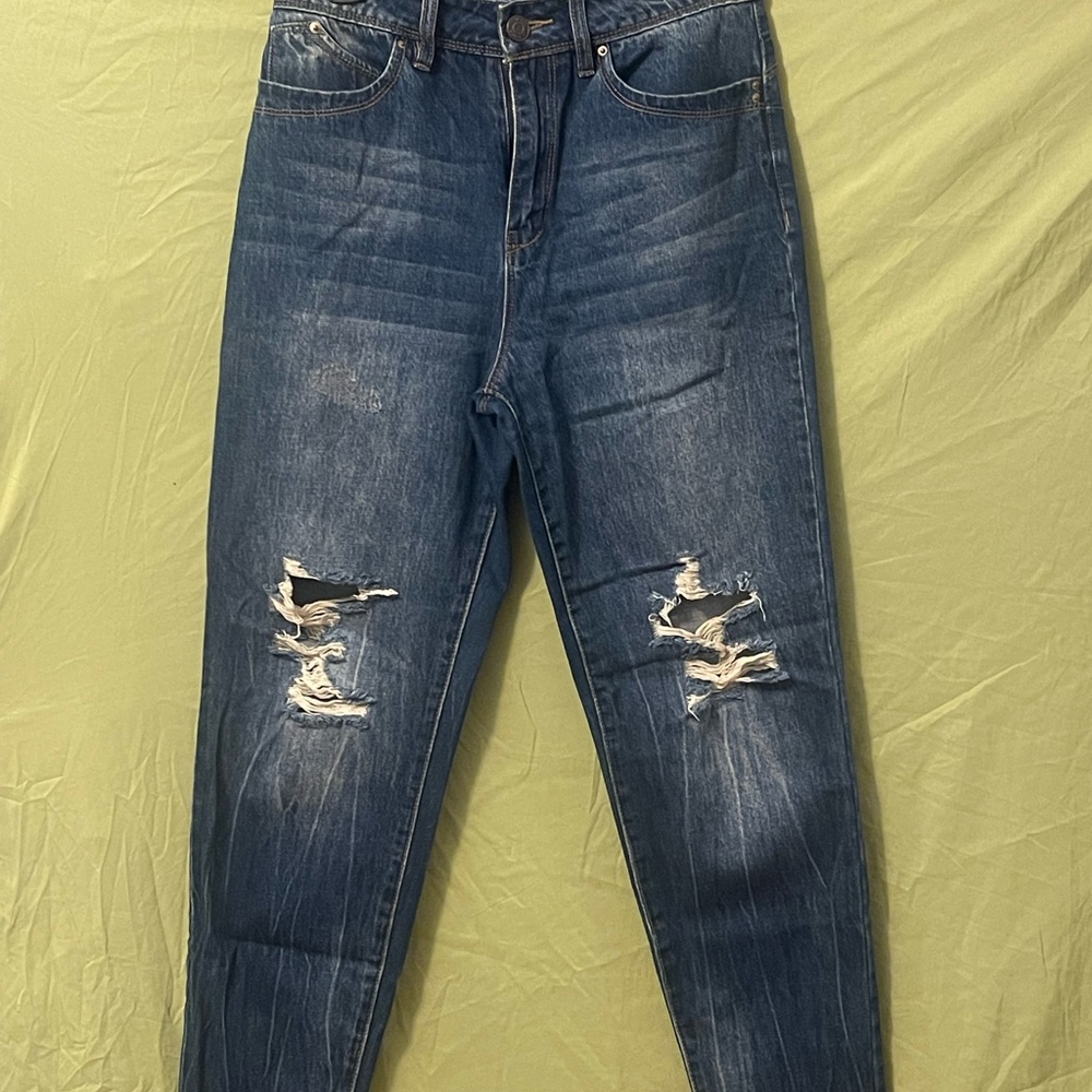 Blue Boyfriend Jeans with Distressed Details